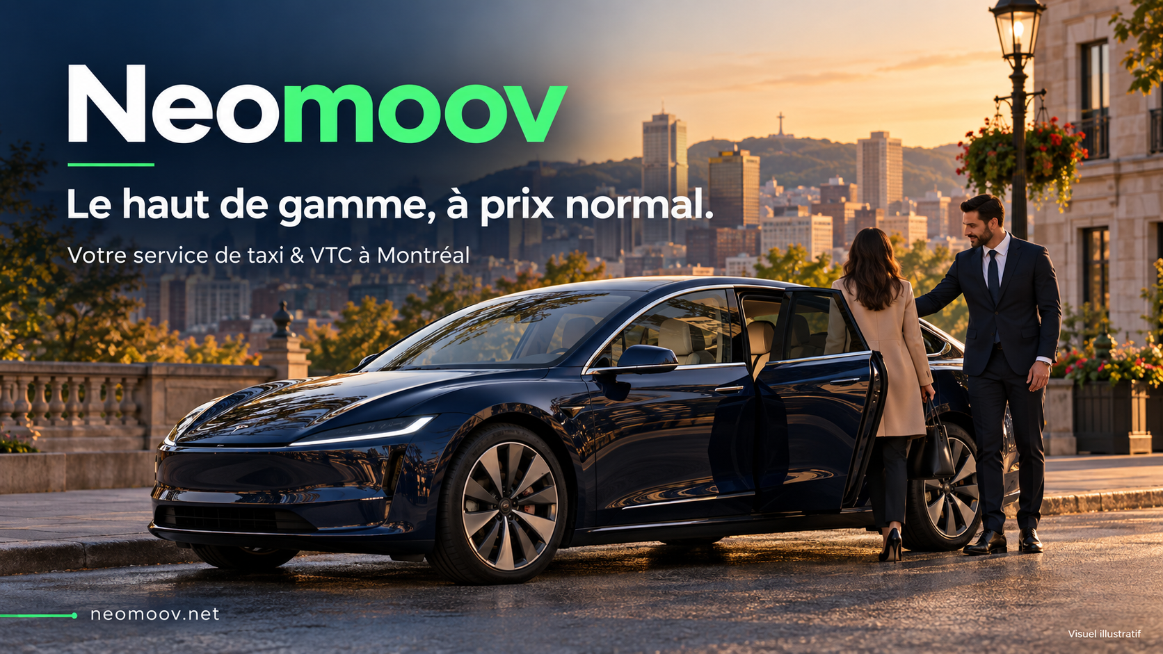 Visuel illustratif généré par IA : transport premium Neomoov à Montréal, à prix normal.