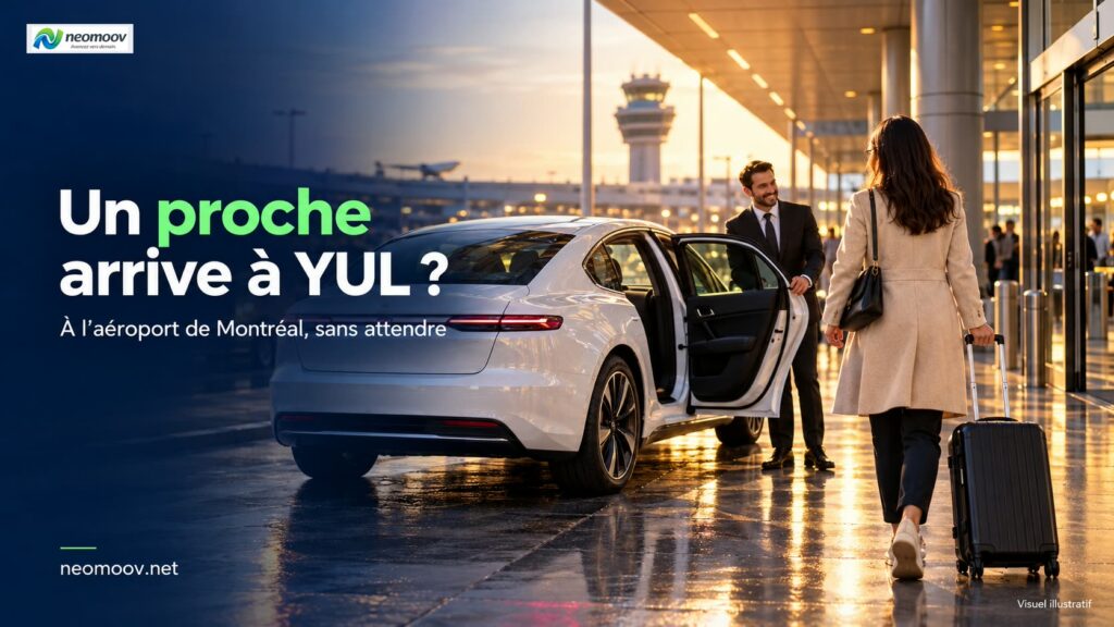 Aller chercher quelqu'un à l'aéroport de Montréal : berline électrique premium qui attend près d'une aérogare le soir