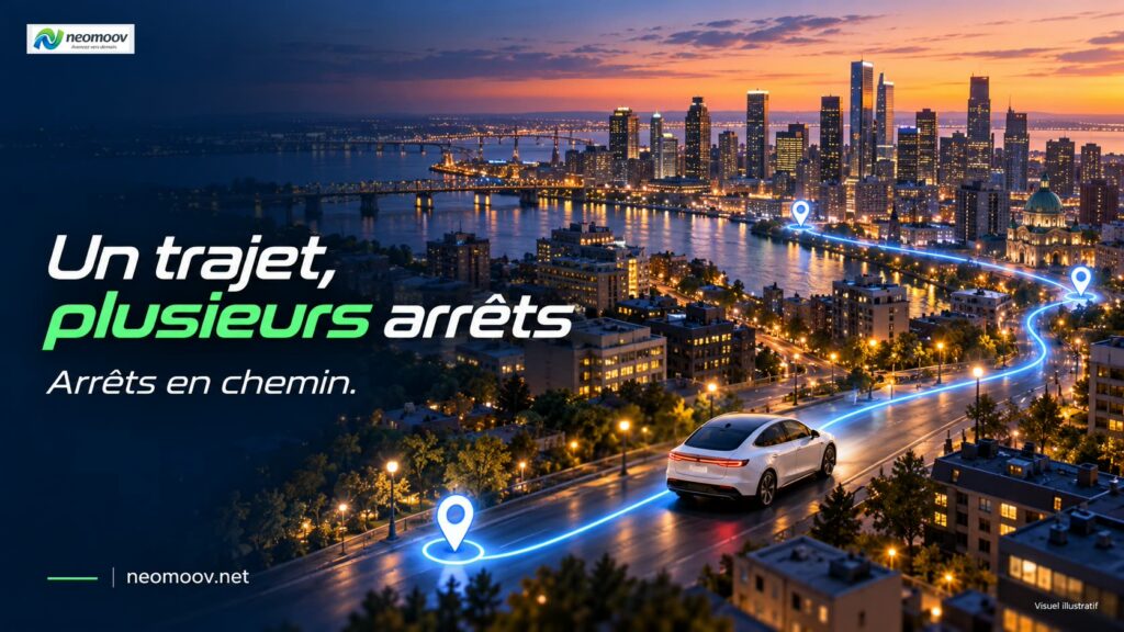 Taxi avec plusieurs arrêts : berline électrique premium sur une rue de ville, itinéraire à étapes