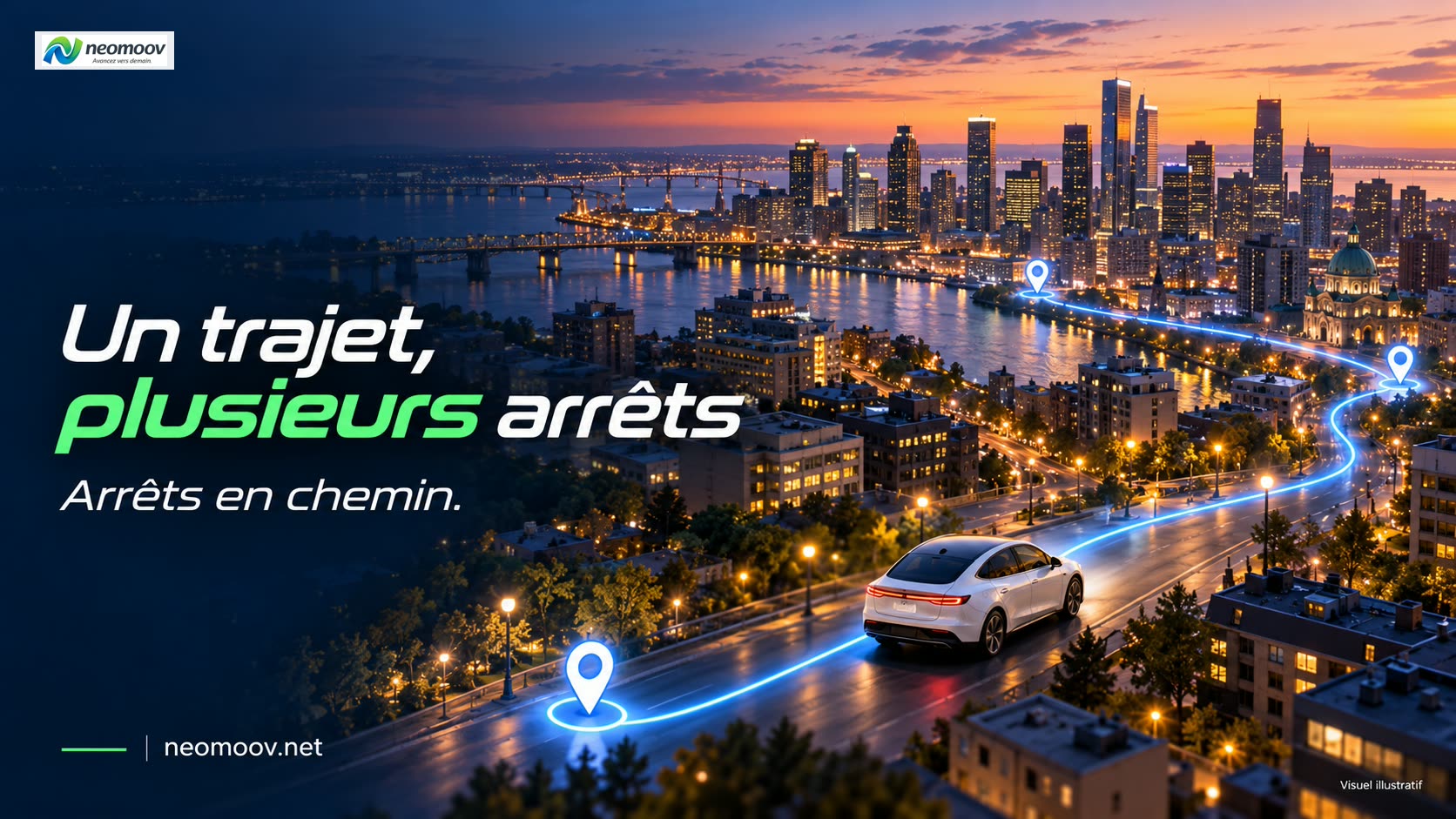 Taxi avec plusieurs arrêts : berline électrique premium sur une rue de ville, itinéraire à étapes