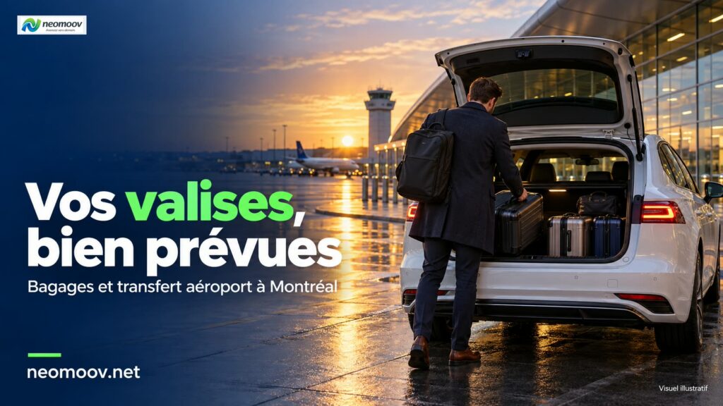 Bagages taxi aéroport Montréal : valises rangées dans le coffre ouvert d'un VUS électrique premium