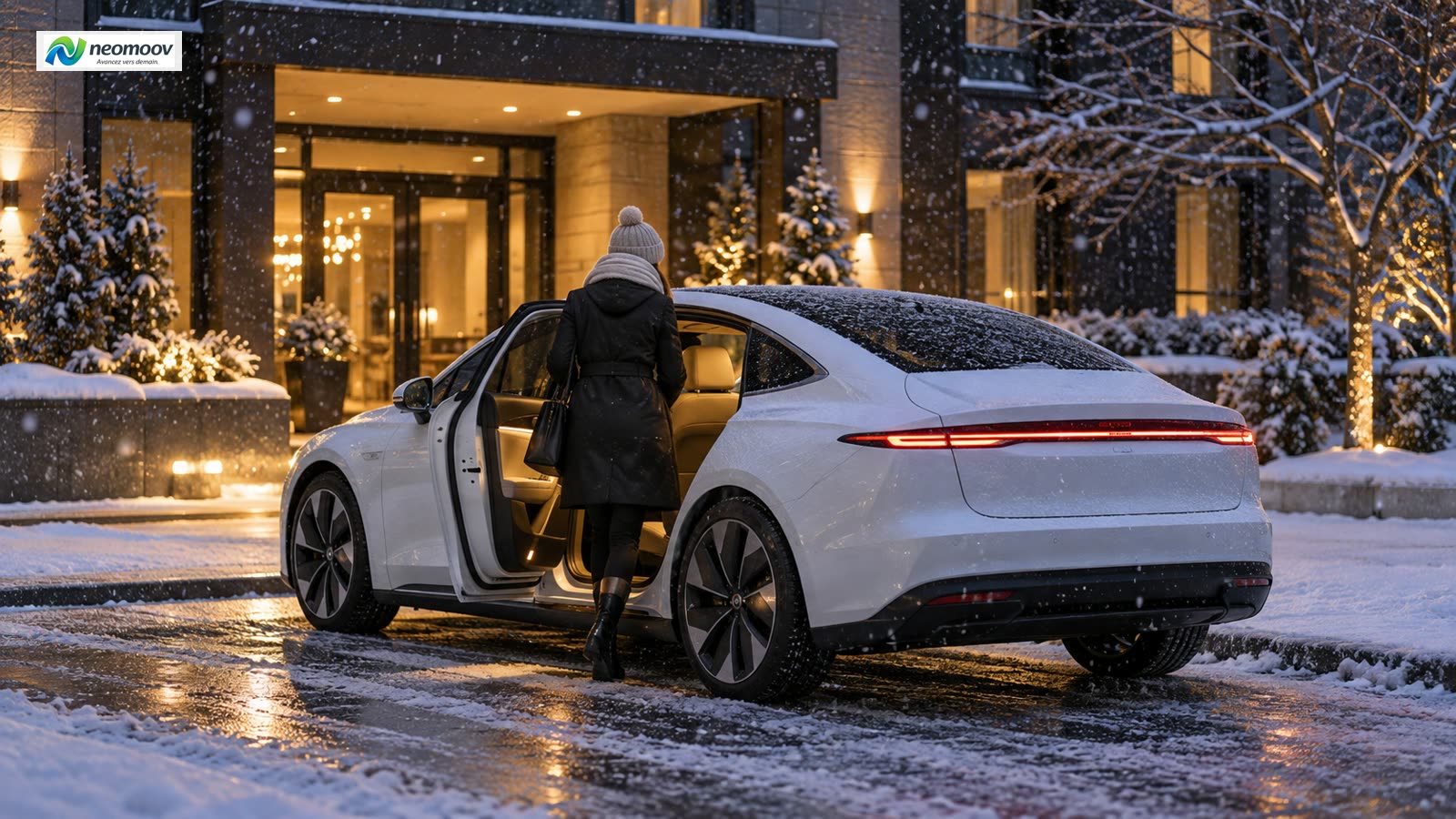 Illustration : Chauffeur privé l'hiver à Montréal : véhicule électrique premium qui attend devant une maison enneigée