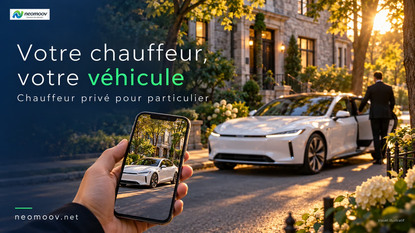 Chauffeur privé pour particulier : berline électrique premium qui attend devant une maison résidentielle