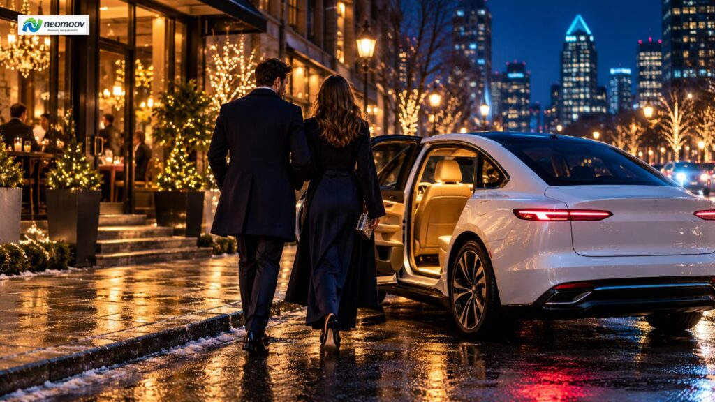 Illustration : Chauffeur privé pour une soirée à Montréal : berline électrique premium devant un restaurant illuminé le soir