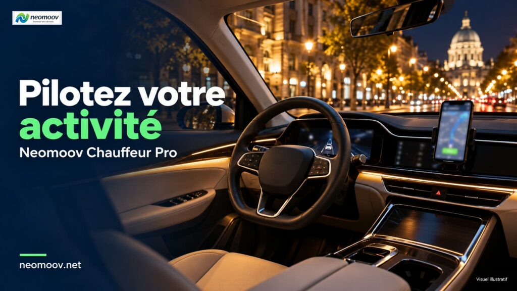 Application chauffeur indépendant : tableau de bord sur une tablette posée dans un véhicule électrique premium