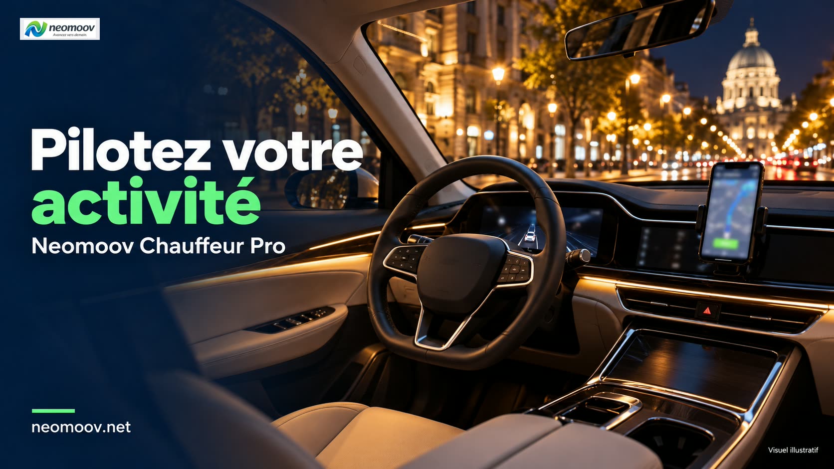 Application chauffeur indépendant : tableau de bord sur une tablette posée dans un véhicule électrique premium