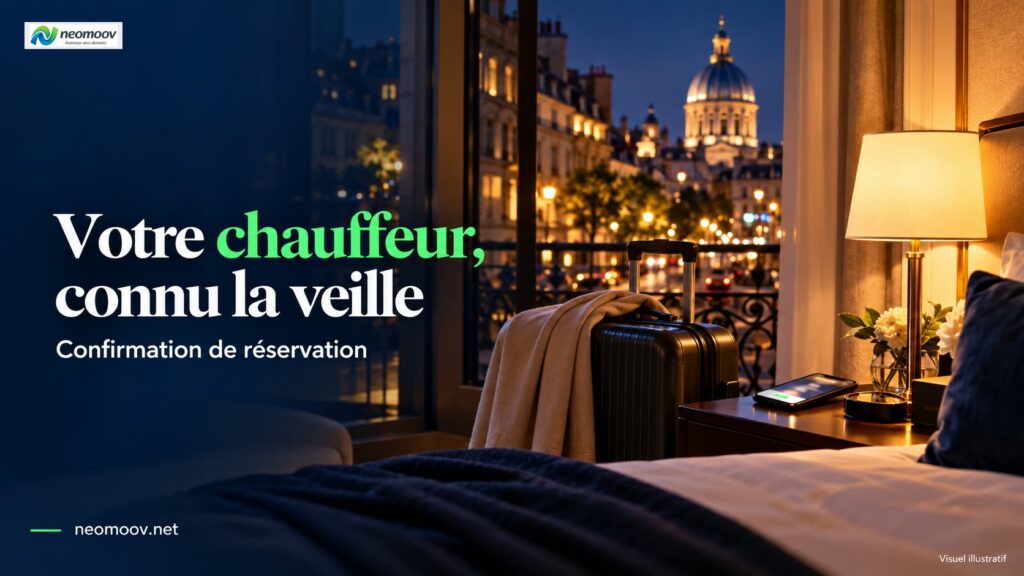 Confirmation de réservation du chauffeur : téléphone affichant un texto près d'une berline électrique premium