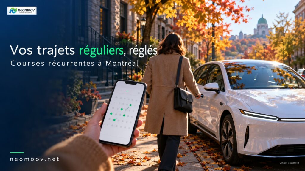 Illustration d'un calendrier hebdomadaire et d'un véhicule électrique pour des courses récurrentes en taxi à Montréal