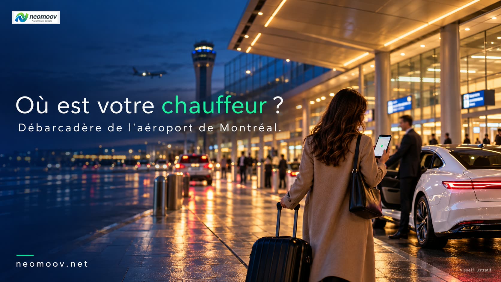 Débarcadère aéroport Montréal : véhicule électrique premium qui attend un voyageur devant un terminal générique