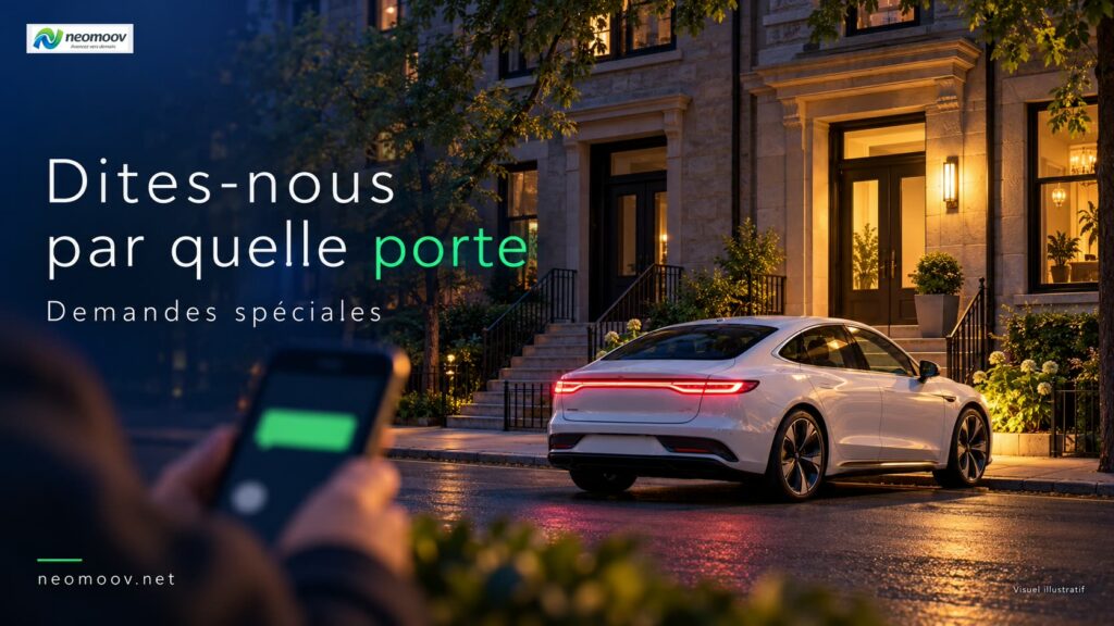 Illustration d'une porte arrière éclairée où attend un véhicule électrique, guidé par les instructions pour le chauffeur