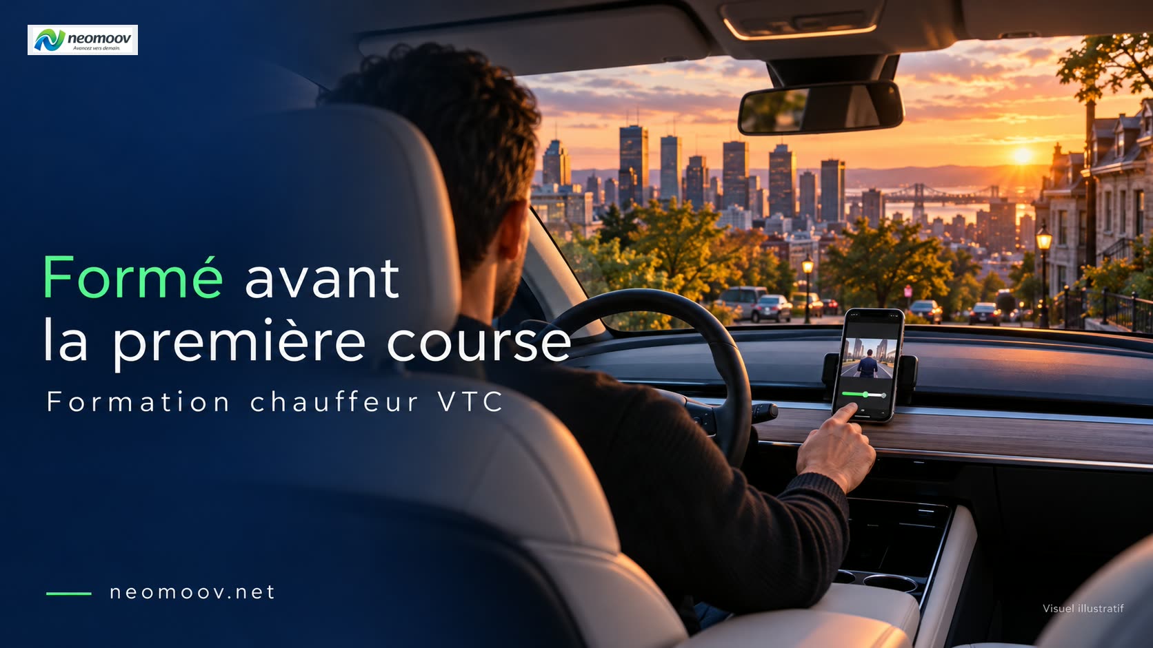 Illustration d'une formation chauffeur VTC suivie sur un téléphone fixé dans une voiture électrique à l'arrêt