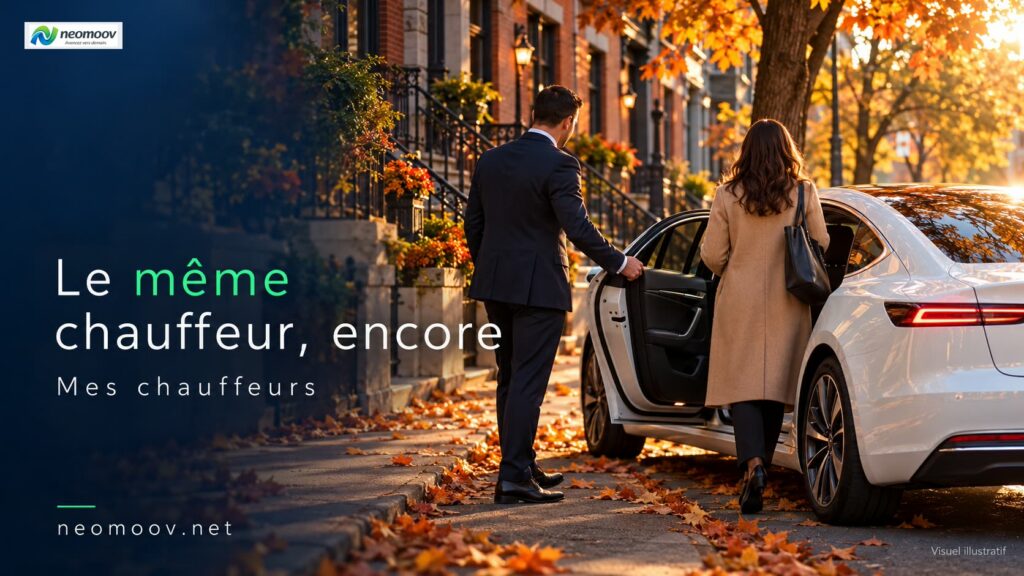 Réserver son chauffeur favori : véhicule électrique premium qui attend devant une porte d'entrée familière en soirée
