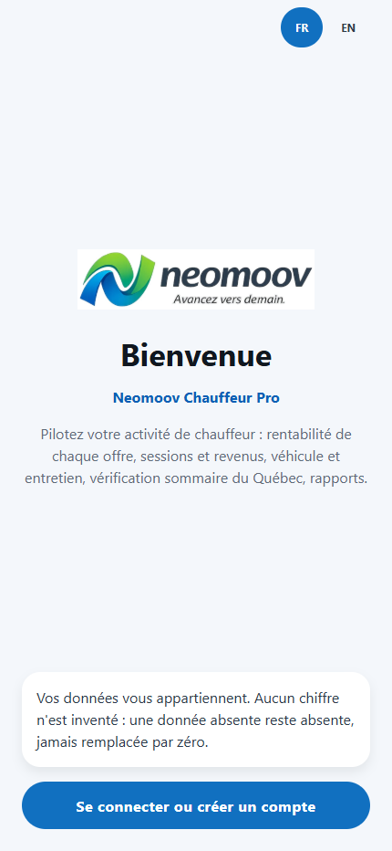 Écran d'accueil de l'application Neomoov Chauffeur Pro