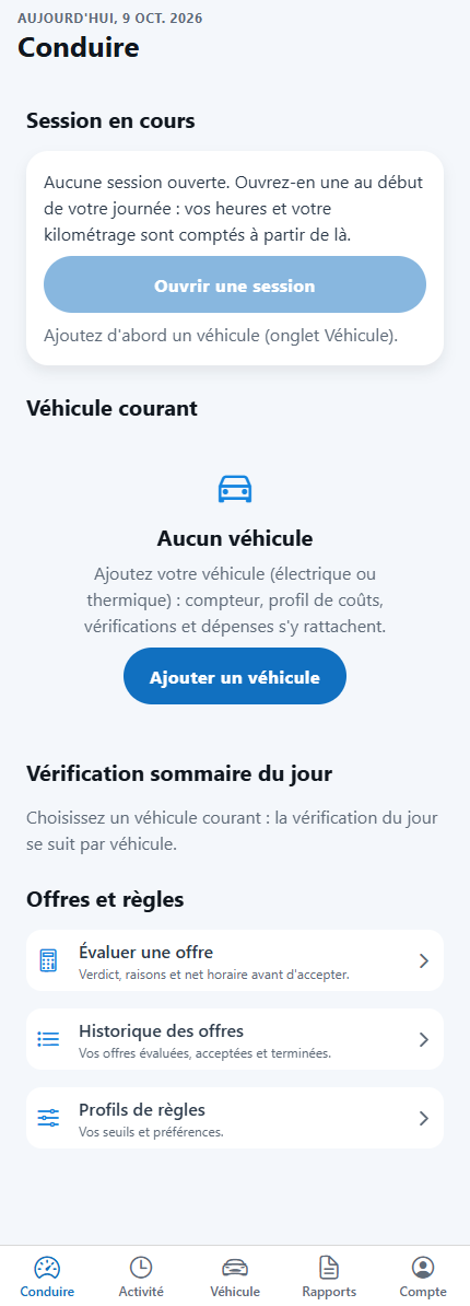 Onglet Conduire de l'application Neomoov Chauffeur Pro : session, véhicule, vérification du jour, offres