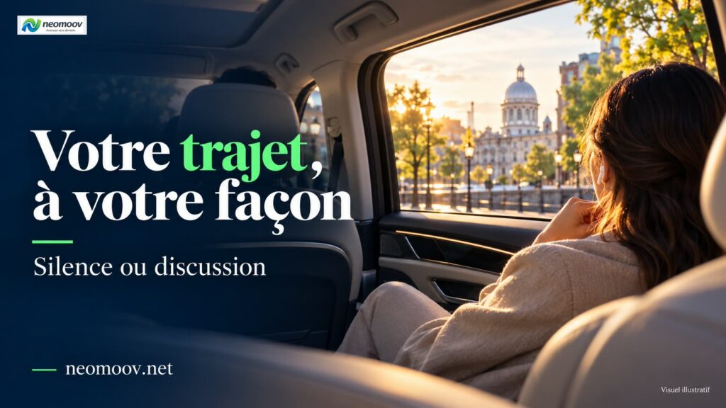 Préférences à bord avec un chauffeur privé : habitacle calme d'une berline électrique premium au crépuscule