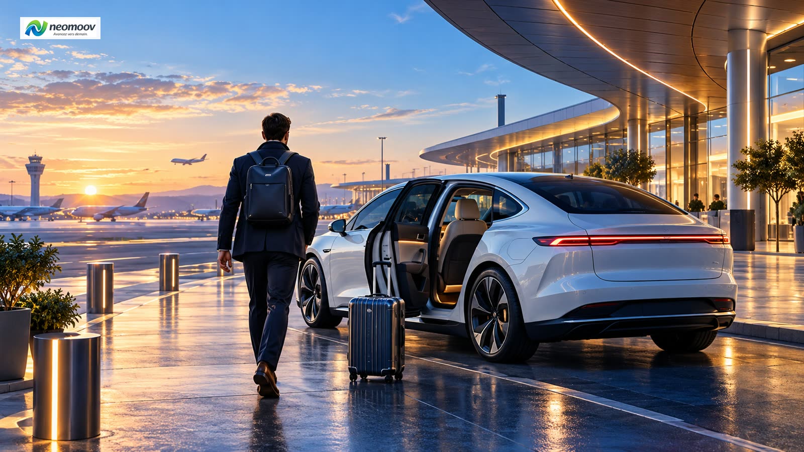 Illustration : un véhicule électrique premium prêt pour réserver un transport vers l'aéroport de Montréal au petit matin