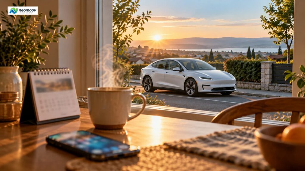 Illustration : Réserver un taxi à l'avance : véhicule électrique premium attendant devant une maison à l'aube