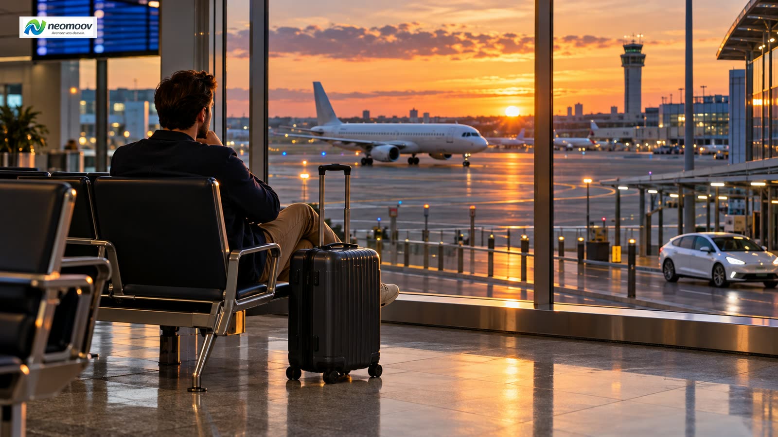 Illustration : un véhicule électrique premium attendant un voyageur lors d'un retard de vol à l'aéroport de Montréal