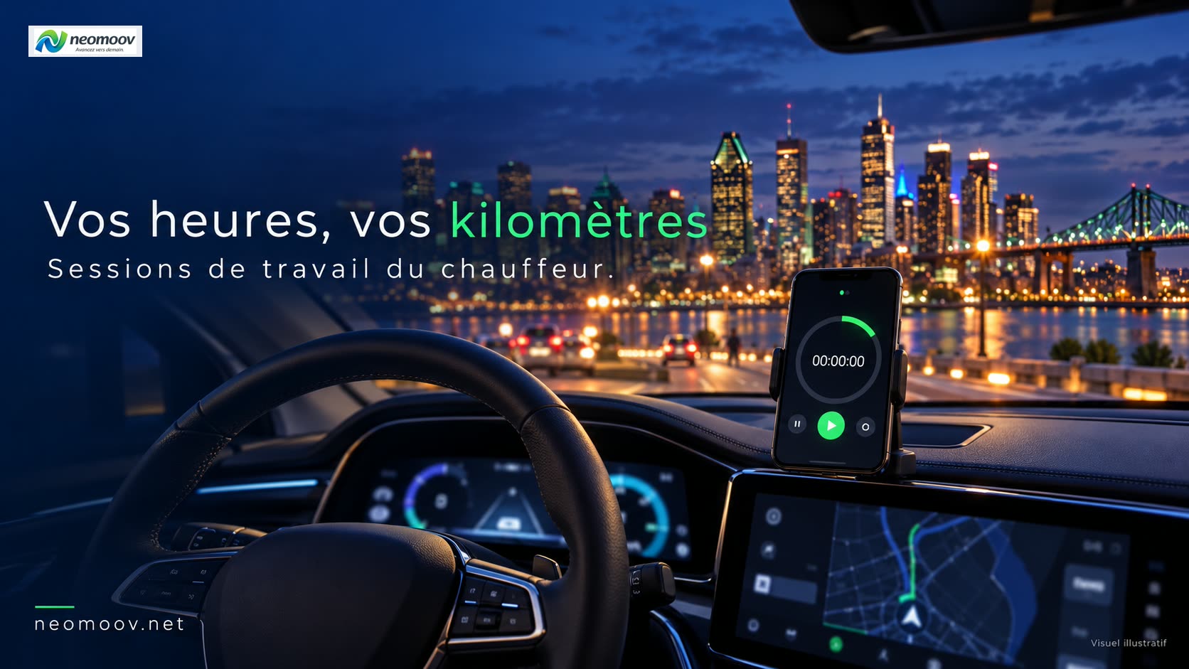 Illustration d'un tableau de bord de voiture électrique avec un téléphone pour le suivi des heures de travail du chauffeur