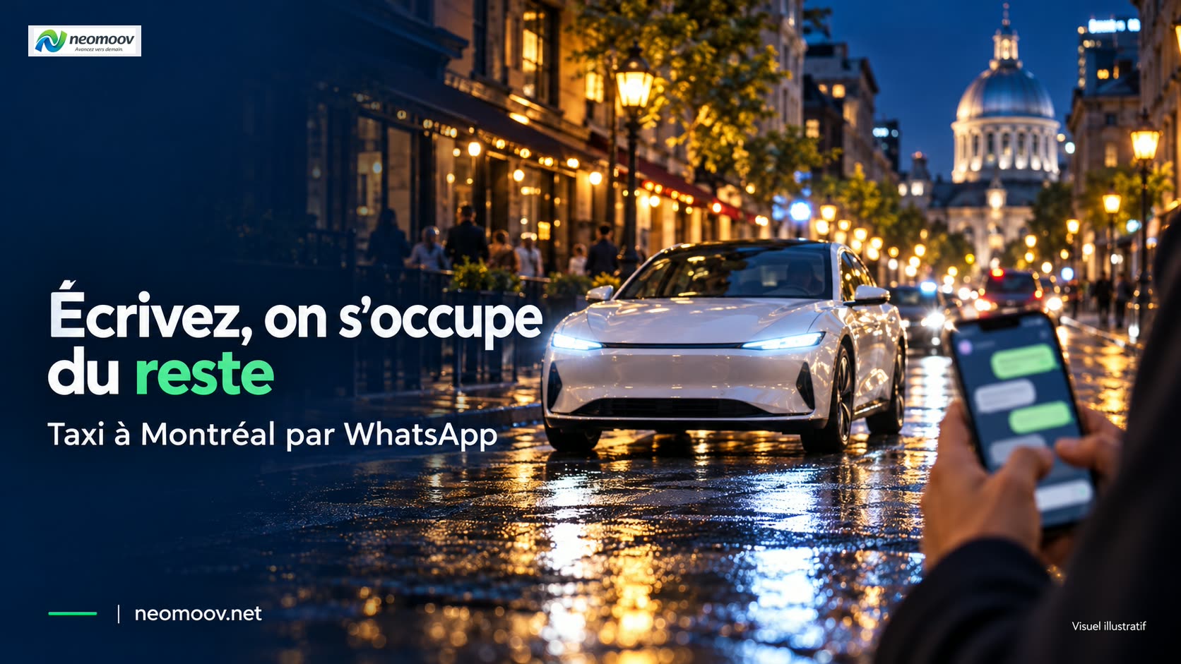 Taxi à Montréal par WhatsApp : téléphone avec une conversation près d'une berline électrique premium le soir