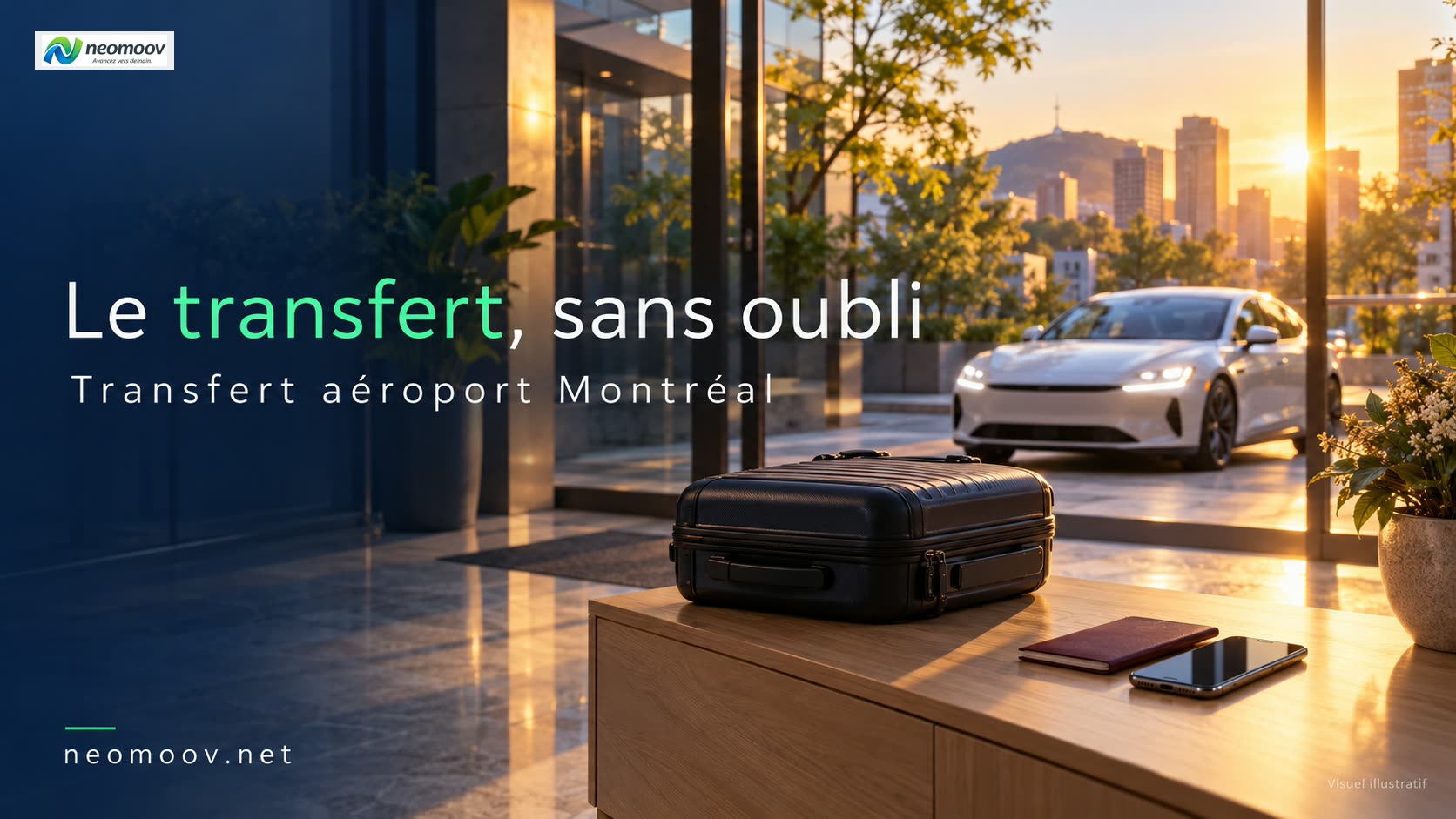 Organiser son transfert aéroport : valises prêtes près d'un véhicule électrique premium au petit matin