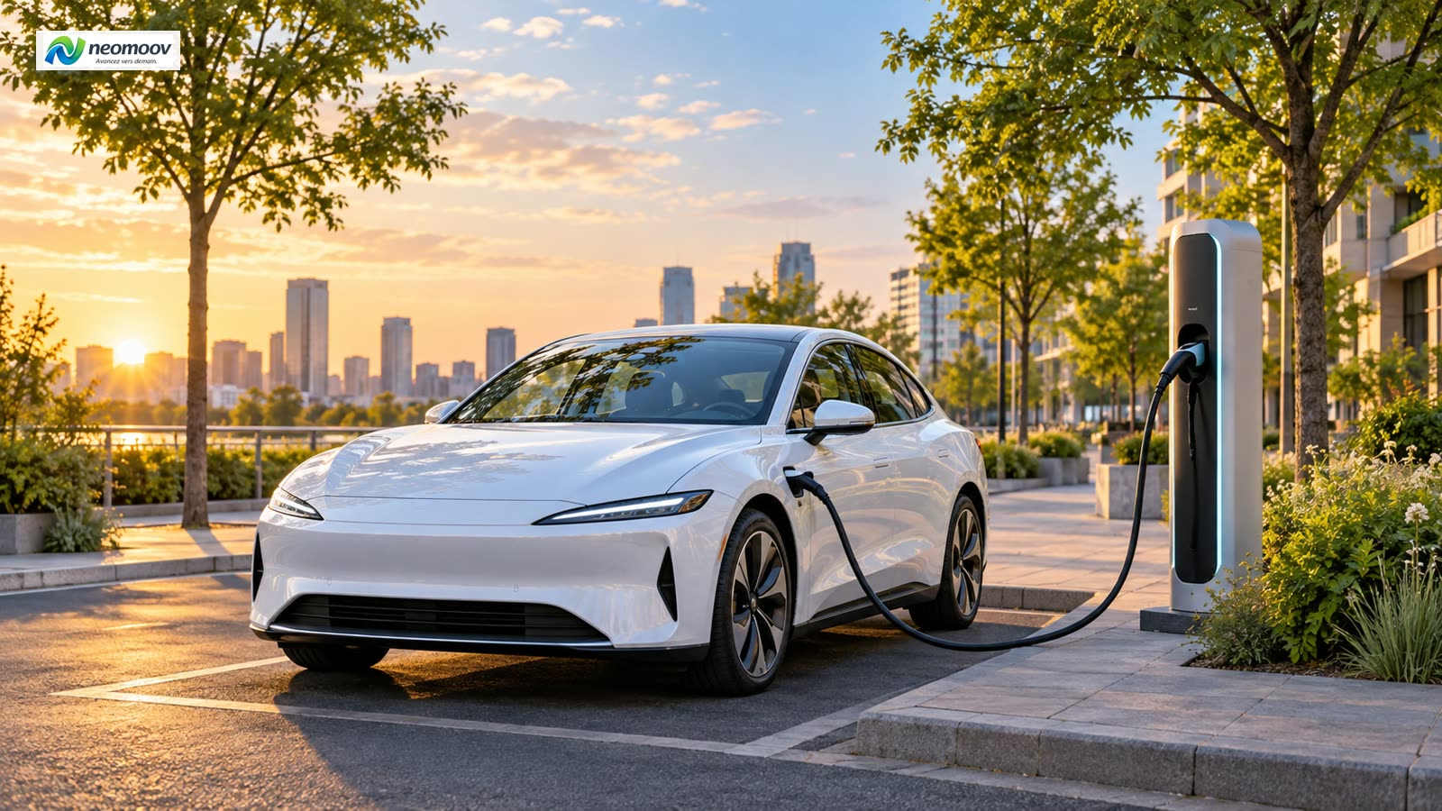 Illustration : un véhicule 100 % électrique premium sans marque qui roule le soir dans une rue urbaine paisible