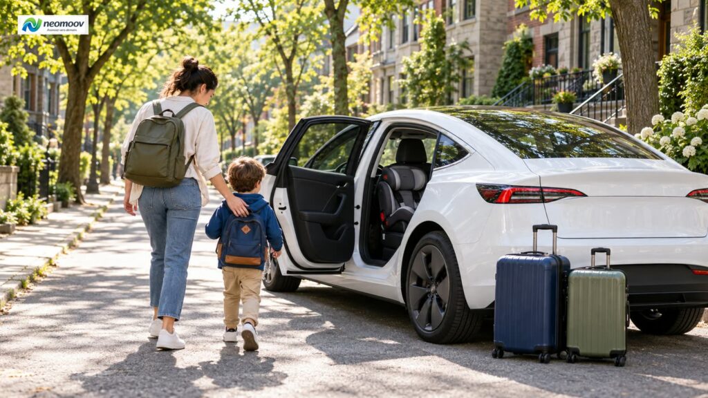 Illustration : Transport en famille à Montréal : poussette pliée et valises près d'un véhicule électrique premium